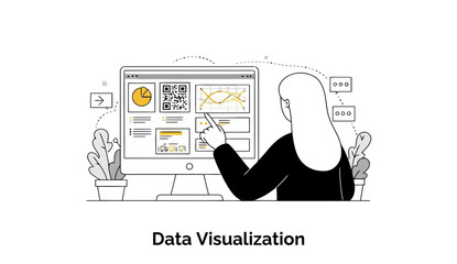 Poster - A female data analyst in a black shirt examines data visualizations on a computer screen in an office setting.