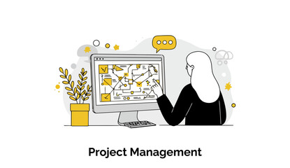 Poster - Female project manager reviewing project plan on computer screen in office setting. Focused analysis with office supplies and digital tools. Female project manager at home office -