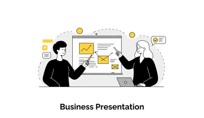 Poster - Business professionals in formal attire presenting data on a whiteboard in a meeting room. Two colleagues actively discussing and demonstrating key points on a presentation screen.