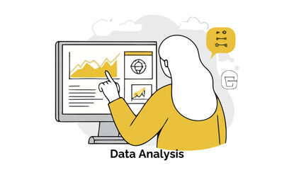 Poster - Female data analyst in a mustard yellow sweater presenting data on a computer screen in a modern office setting.