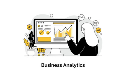 Poster - Female business analyst reviewing business analytics dashboard in a modern office setting. Focus on data analysis.