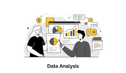 Poster - Data analysis presentation by two colleagues in casual office setting. Presenting data charts and graphs on a projected screen.