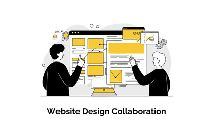 Poster - Two young male web designers in black clothing collaborating on a website design project in a modern office setting. They are pointing at a large screen displaying website layout and components.