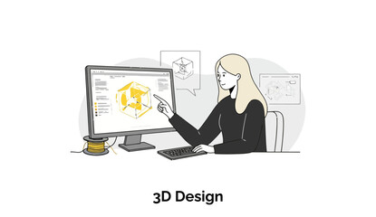 Poster - Female 3D design professional in a black business casual outfit interacting with computer screen displaying 3D model. Working on 3D design project in a modern office setting.