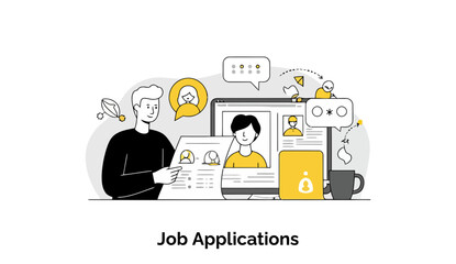 Poster - Job application process overview with diverse candidates in a modern office setting. Two adults reviewing digital job applications on a computer screen with additional icons and symbols.
