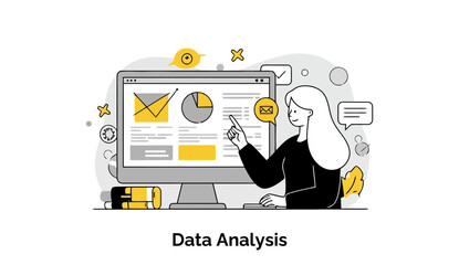 Poster - Young woman in business attire pointing to data on a computer screen in a modern office setting. A female data analyst reviewing information at a desk in an office environment.