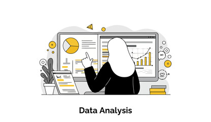 Poster - Female data analyst in hijab reviewing data on multiple computer screens in a modern office setting. Focus on data analysis with graphs and charts.