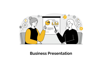 Poster - Two poised female colleagues in professional business suits are co-presenting financial performance data, using charts and graphs during a formal boardroom meeting.