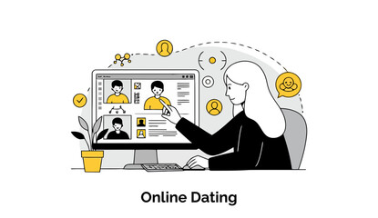 Poster - Young woman in business casual attire browsing online dating profiles on a computer in a home office setting. Woman pointing at potential match on dating website.