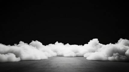 Poster - A monochrome image showcasing a layer of fluffy clouds against a stark black background and a gray floor