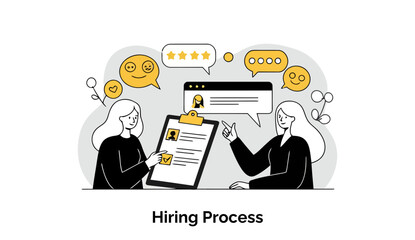 Poster - Two female human resources professionals are sitting together in a modern office, collaboratively reviewing and discussing a strong pool of candidate applications on a laptop.