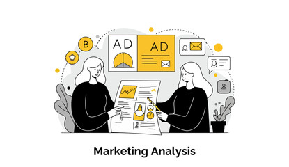 Poster - Two female colleagues in black attire review marketing data displayed on a large document, situated in a modern office setting.