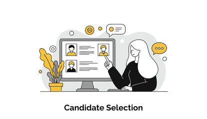 Poster - Female HR professional in business attire reviewing candidate profiles on a computer monitor in an office setting. Selecting a candidate for a job opening at a company location.
