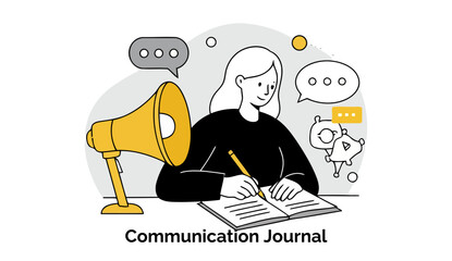 Poster - Young woman writing in a communication journal, engaged in documentation and note-taking, with a megaphone and various communication icons in the background.