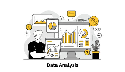 Poster - Young male data analyst in casual attire examining multiple data visualizations on a computer and tablet in a modern office setting.