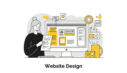 Poster - Female web designer reviewing website design documents at a desk. Female web designer reviewing website design documents at a modern workspace.
