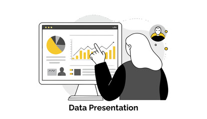 Poster - Female professional presenting data on computer screen in modern office setting. Pointing at graphical data with confident posture.