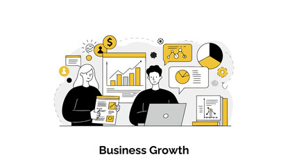 Poster - A team of business professionals is engaged in a dynamic meeting, using a whiteboard to map out innovative business growth strategies in a sleek, modern office conference room.