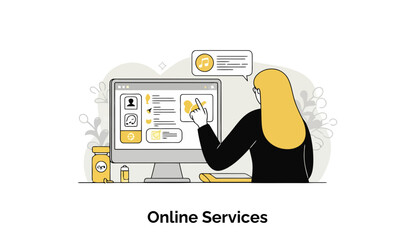 Poster - Female professional using online services at a computer in a home office setting. Woman interacting with online medical services application.