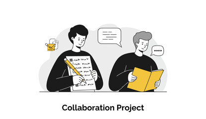 Poster - Young adults in casual black clothing collaborating on a project in an office setting. One individual actively writing notes, the other reviewing documents, in a modern office.