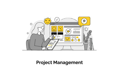 Poster - Female project manager reviewing project tasks on a computer in an office setting. Focused and engaged in analysis with paperwork and a computer.