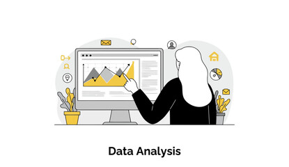 Poster - Female data analyst in professional attire reviewing data trends on a computer in a modern office setting. Focusing on a positive upward trend graph on a computer screen.