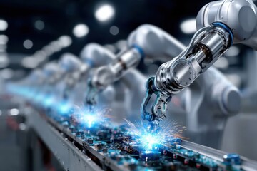 Poster - Robotic arms work on electronic components in a modern manufacturing facility