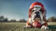 © cut - Bulldog wearing football helmet holding ball sitting proudly. Concept of sports mascot and strength.