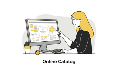 Fototapete - Young woman in casual attire viewing an online product catalog at a computer in a home office setting. Woman points at a product item, highlighting an e-commerce platform.
