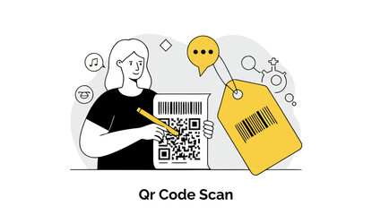 Poster - A young woman in a black t-shirt examines a QR code on a document, scanning it with focus, in a digital workspace.