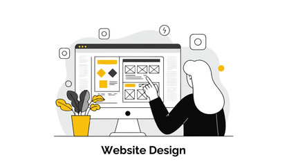 Fototapete - Female web designer reviewing website mockups at a home office. A woman with long hair, wearing a black jacket, is interacting with website layout designs on a computer monitor in a home workspace.