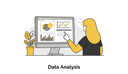 Fototapete - Female data analyst reviewing graphs on computer screen in an office setting. Woman points to data on computer monitor with a confident professional demeanor.