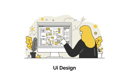 Fototapete - A female UI designer in a black blazer interacts with a computer screen, showcasing user interface design elements. Female UI designer reviewing layout at home office.