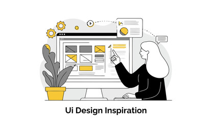 Poster - Female UI Designer pointing at a digital design mock-up on a computer screen in an office setting. Female UI/UX Designer presenting project ideas in a modern office environment.