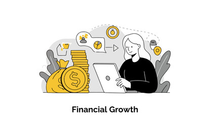 Poster - Young woman in casual attire working on financial growth strategy at home office. Smiling and focused on laptop with stacks of coins and money bag in the background.