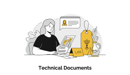 Poster - A meticulous female technical document reviewer is sitting at her desk in an office, closely studying dense technical specifications and engineering diagrams for a new product.