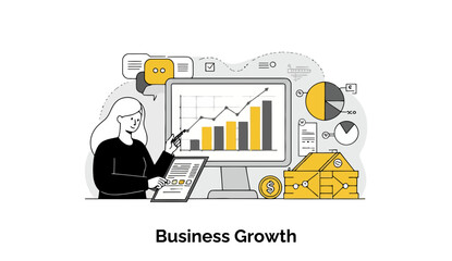 Poster - A young woman in a black professional outfit presents business growth data on a large screen with various charts and graphs. Businesswoman presenting financial projections in an office setting.