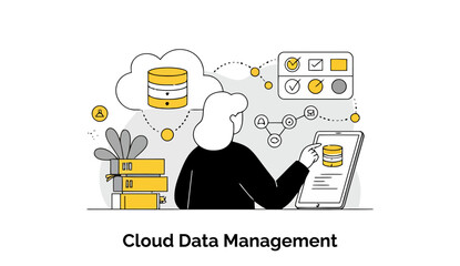 Poster - A woman with shoulder-length hair, wearing a black jacket, interacts with cloud data management systems on a tablet in an office setting.