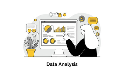 Fototapete - A young woman in a professional setting, wearing a black top, is pointing at data on a computer screen, illustrating data analysis in a modern office environment.