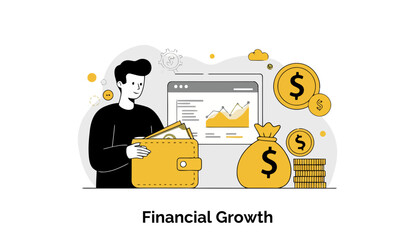 Poster - Young man in black shirt reviewing financial growth data with graphs, open wallet, and money symbols. Casual observer viewing financial instruments and assets in a modern setting.