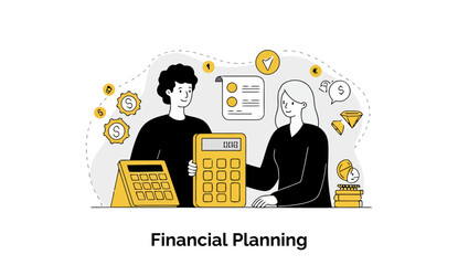 Poster - Young adults in business casual attire collaborating on financial planning at a modern office. Two professionals discussing financial documents and a calculator together in a bright office setting.