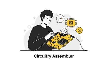 Poster - A young male circuitry assembler working on a circuit board in a modern workshop setting. Focused intently on the task at hand, with tools and components, the worker is in a professional setting.