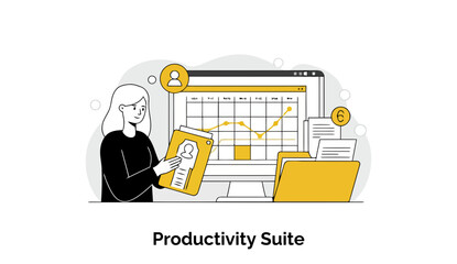Poster - A young woman in a black shirt interacts with a productivity suite displaying graphs, calendars, and files on a computer screen. She is reviewing documents in a modern office setting.