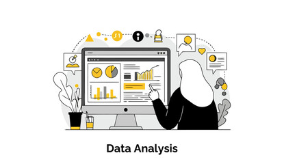 Fototapete - Female data analyst in hijab reviewing data on computer screen in modern office setting. Analyzing graphs and charts with focus on presentation.