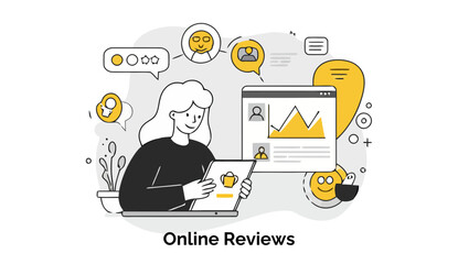 Poster - Young woman in casual clothing reviewing online content on a tablet and computer in a modern setting. Focused female business professional analyzing online reviews at a desk.