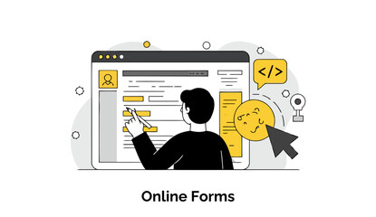 Poster - Young adult completing online form on computer screen. Focused individual filling out online application in a modern workspace.
