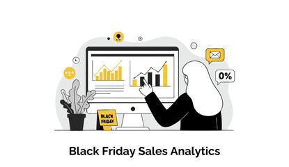 Poster - Female business professional in a hijab and black jacket analyzing Black Friday sales data on a computer screen in an office setting.