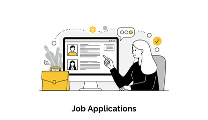 Poster - Female recruiter reviewing job applications on computer at office. Woman in business attire points to job application profiles on computer screen.