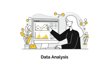 Fototapete - A young woman in a black top examines data analysis on a computer screen with various charts and graphs in a modern office environment.
