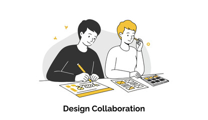 Poster - Two young adult designers in casual clothing collaborate on design concepts at a table in a modern office setting. The designers are actively working on layout and color schemes.